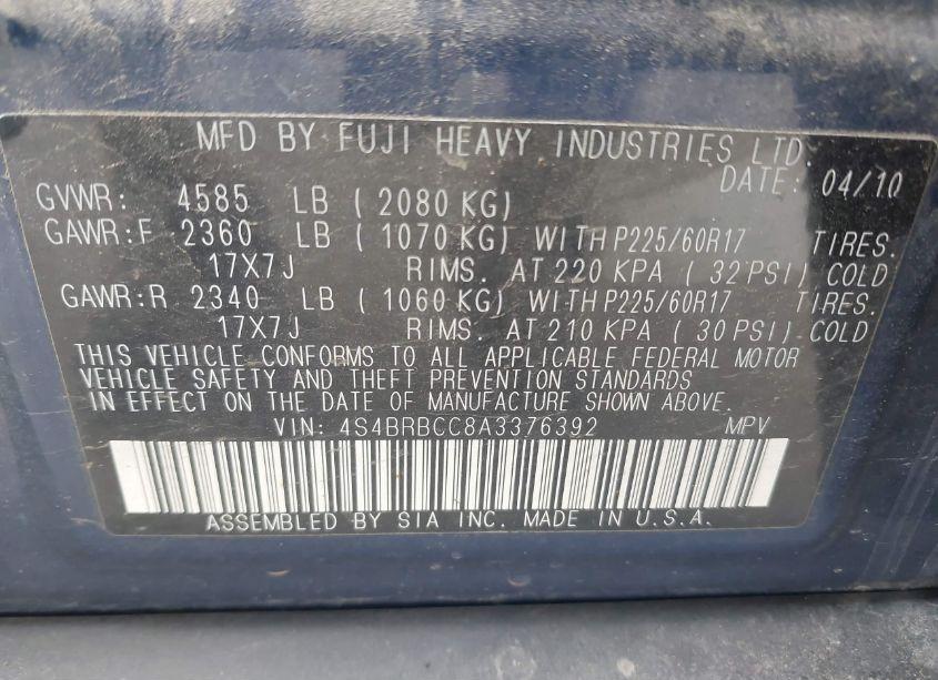 Photo 9 of 2010 Subaru Outback 2.5I PREMIUM (VIN 4S4BRBCC8A3376392)