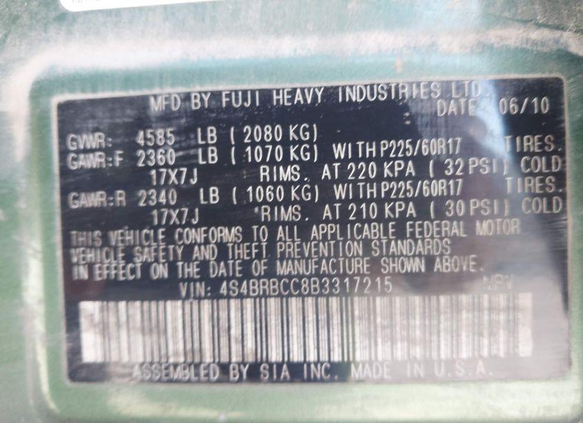 Photo 9 of 2011 Subaru Outback 2.5I PREMIUM (VIN 4S4BRBCC8B3317215)