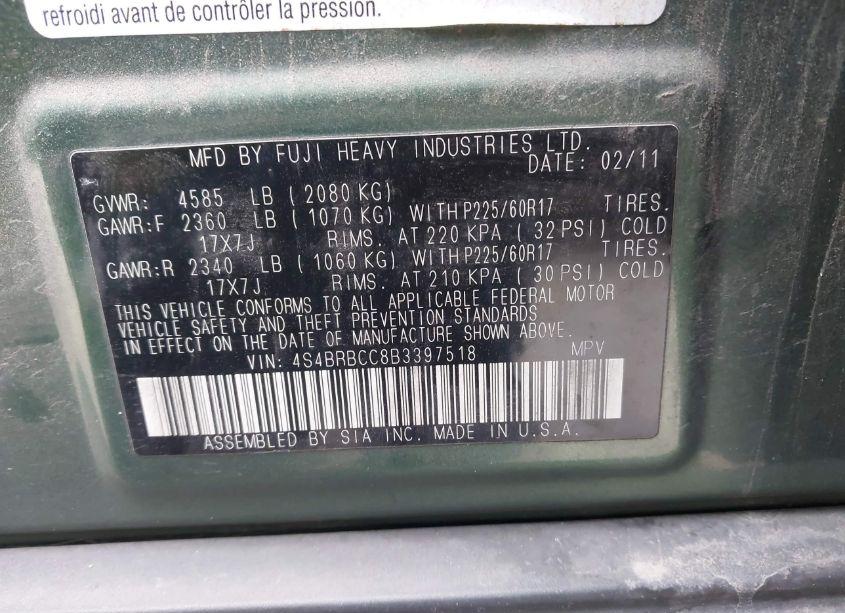 Photo 9 of 2011 Subaru Outback 2.5I PREMIUM (VIN 4S4BRBCC8B3397518)