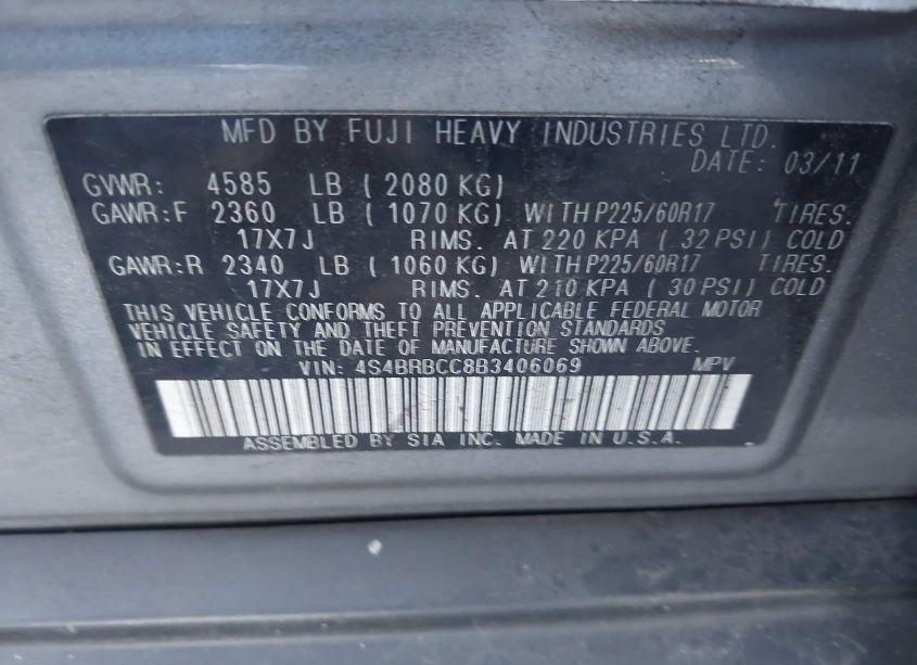 Photo 9 of 2011 Subaru Outback 2.5I PREMIUM (VIN 4S4BRBCC8B3406069)