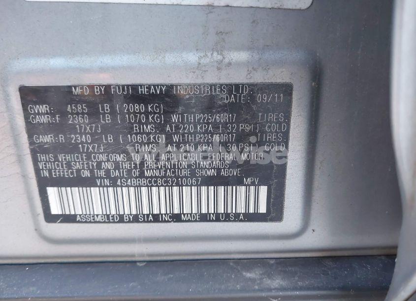 Photo 9 of 2012 Subaru Outback 2.5I PREMIUM (VIN 4S4BRBCC8C3210067)