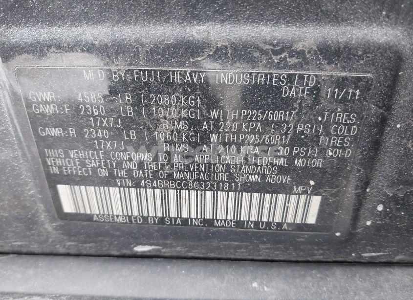 Photo 9 of 2012 Subaru Outback 2.5I PREMIUM (VIN 4S4BRBCC8C3231811)