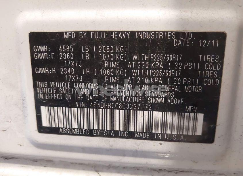 Photo 9 of 2012 Subaru Outback 2.5I PREMIUM (VIN 4S4BRBCC8C3237172)