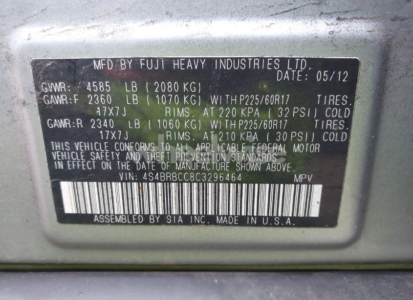 Photo 9 of 2012 Subaru Outback 2.5I PREMIUM (VIN 4S4BRBCC8C3296464)