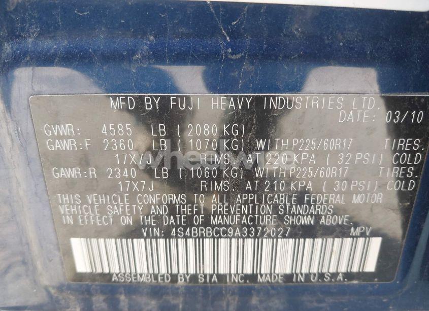 Photo 9 of 2010 Subaru Outback 2.5I PREMIUM (VIN 4S4BRBCC9A3372027)