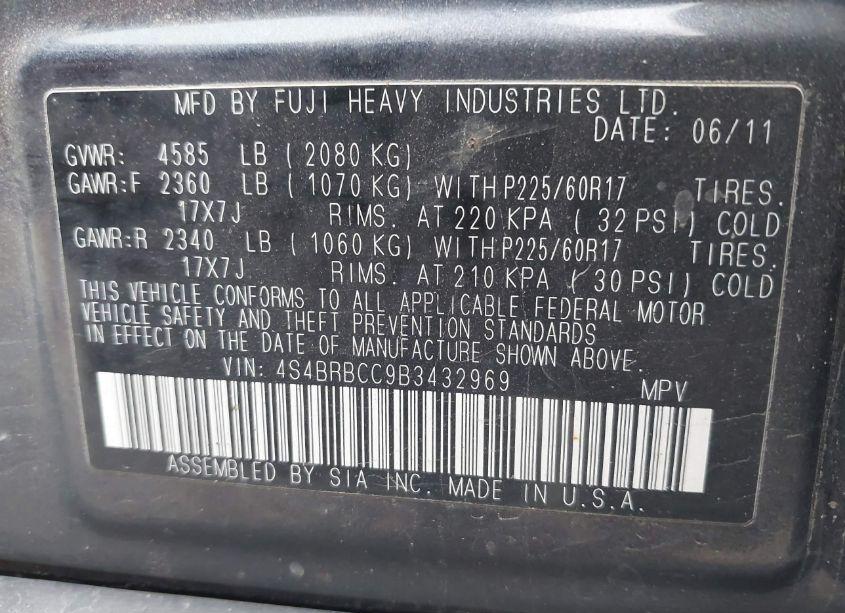 Photo 9 of 2011 Subaru Outback 2.5I PREMIUM (VIN 4S4BRBCC9B3432969)