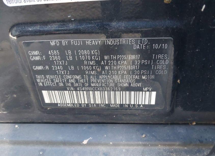 Photo 9 of 2011 Subaru Outback 2.5I PREMIUM (VIN 4S4BRBCCXB3362169)