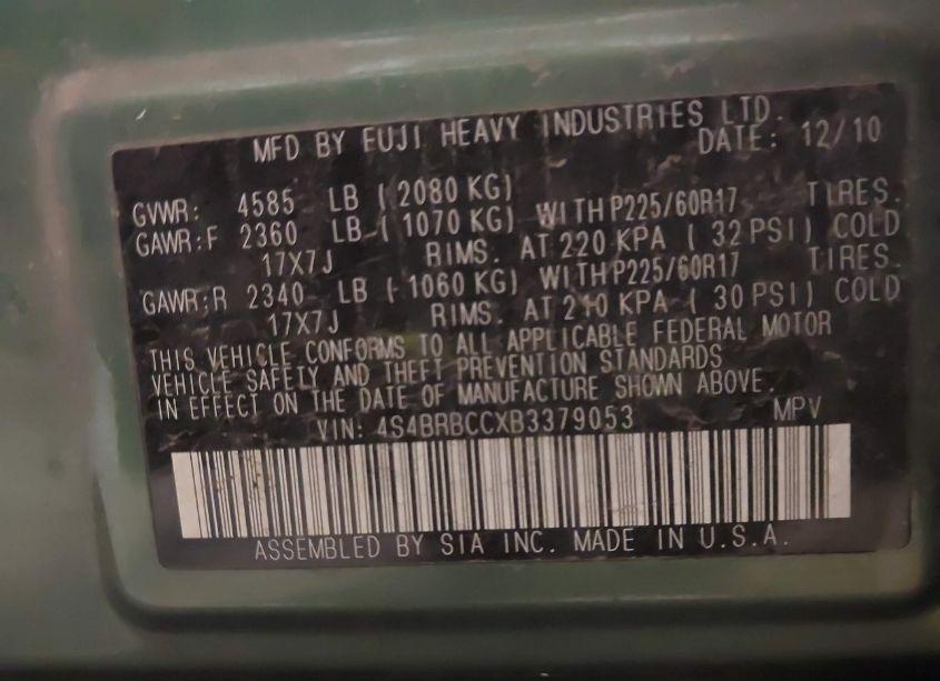 Photo 9 of 2011 Subaru Outback 2.5I PREMIUM (VIN 4S4BRBCCXB3379053)