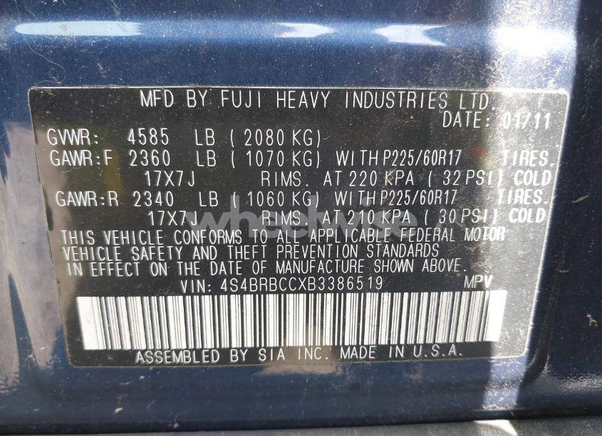 Photo 9 of 2011 Subaru Outback 2.5I PREMIUM (VIN 4S4BRBCCXB3386519)