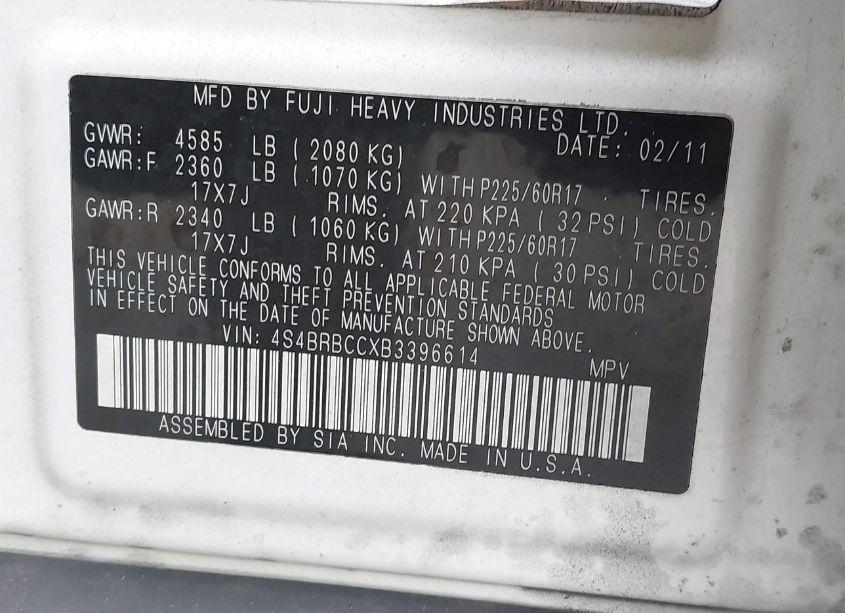 Photo 9 of 2011 Subaru Outback 2.5I PREMIUM (VIN 4S4BRBCCXB3396614)