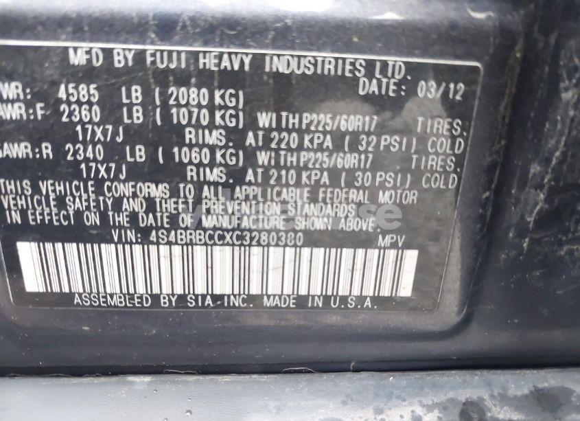 Photo 9 of 2012 Subaru Outback 2.5I PREMIUM (VIN 4S4BRBCCXC3280380)