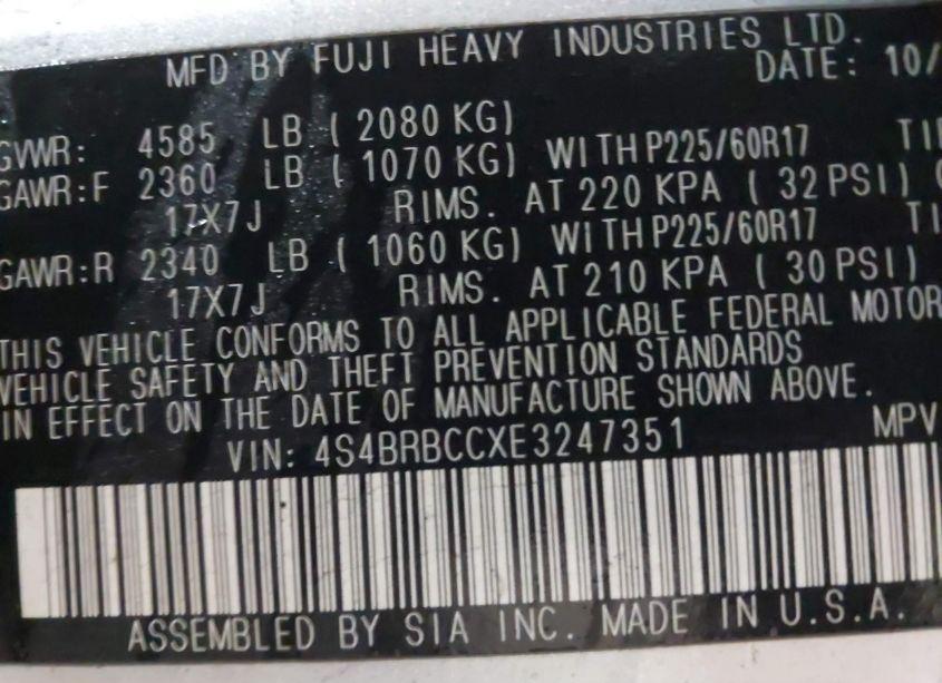 Photo 9 of 2014 Subaru Outback 2.5I PREMIUM (VIN 4S4BRBCCXE3247351)