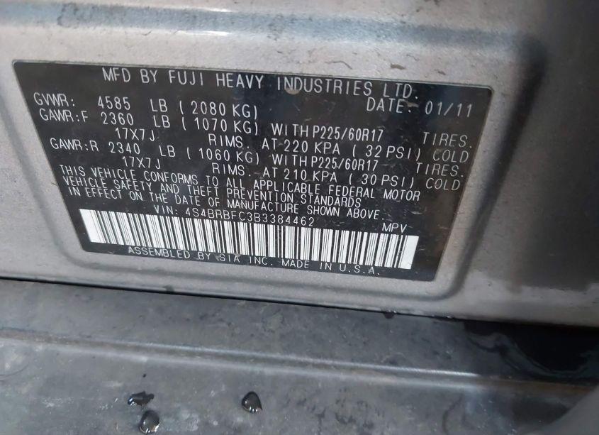 Photo 9 of 2011 Subaru Outback 2.5I PREMIUM (VIN 4S4BRBFC3B3384462)