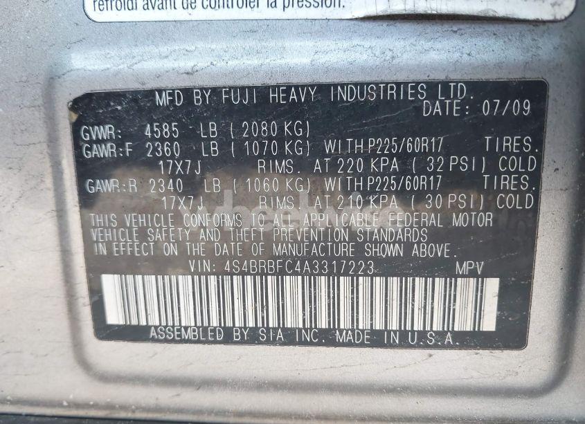 Photo 9 of 2010 Subaru Outback 2.5I PREMIUM (VIN 4S4BRBFC4A3317223)