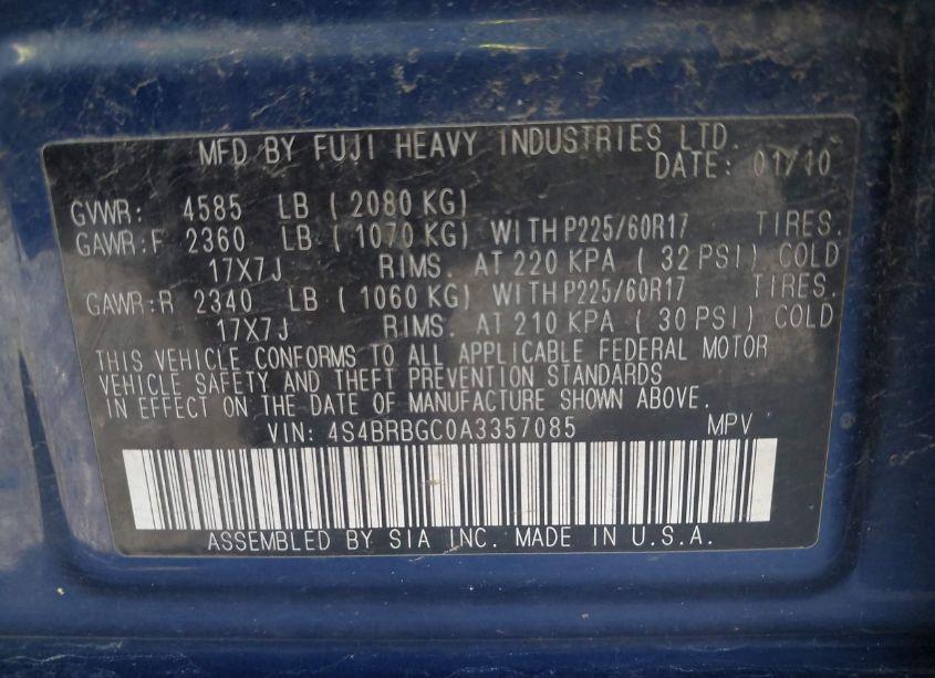 Photo 9 of 2010 Subaru Outback 2.5I PREMIUM (VIN 4S4BRBGC0A3357085)