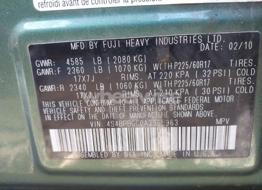 Photo 9 of 2010 Subaru Outback 2.5I PREMIUM (VIN 4S4BRBGC0A3365963)