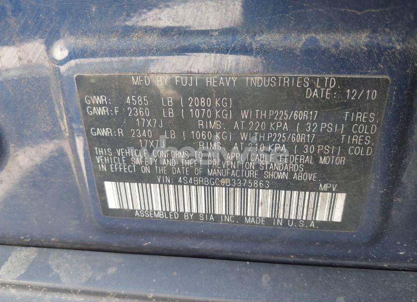 Photo 9 of 2011 Subaru Outback 2.5I PREMIUM (VIN 4S4BRBGC0B3375863)