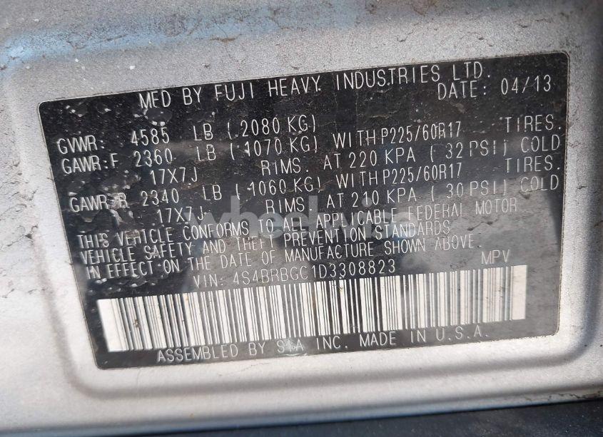 Photo 9 of 2013 Subaru Outback 2.5I PREMIUM (VIN 4S4BRBGC1D3308823)