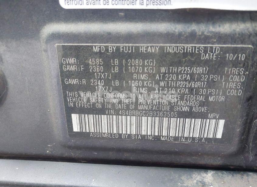 Photo 9 of 2011 Subaru Outback 2.5I PREMIUM (VIN 4S4BRBGC2B3363505)