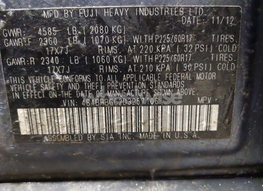 Photo 9 of 2013 Subaru Outback 2.5I PREMIUM (VIN 4S4BRBGC2D3257106)