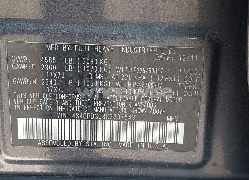 Photo 9 of 2012 Subaru Outback 2.5I PREMIUM (VIN 4S4BRBGC3C3237543)