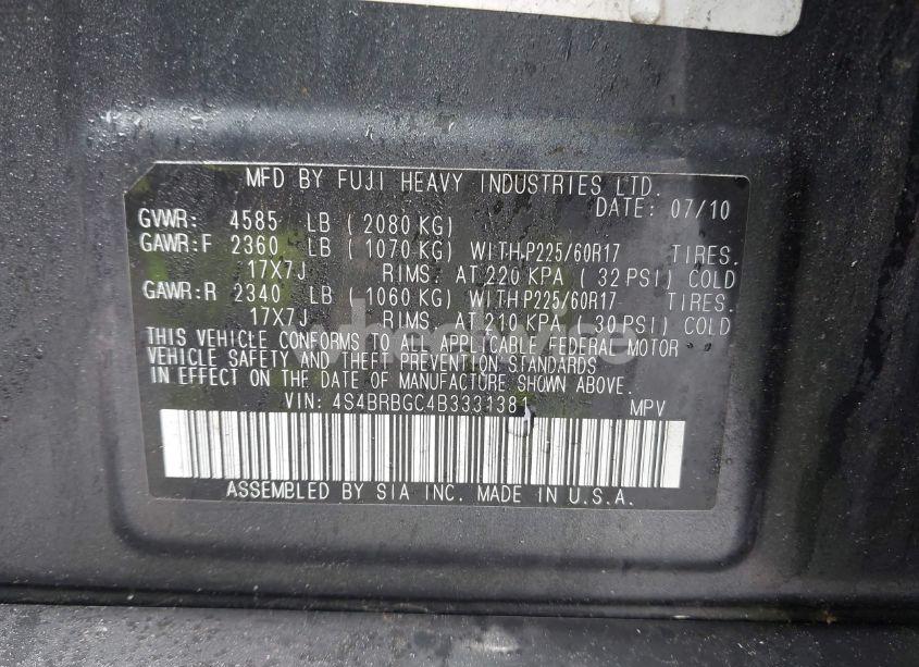 Photo 9 of 2011 Subaru Outback 2.5I PREMIUM (VIN 4S4BRBGC4B3331381)