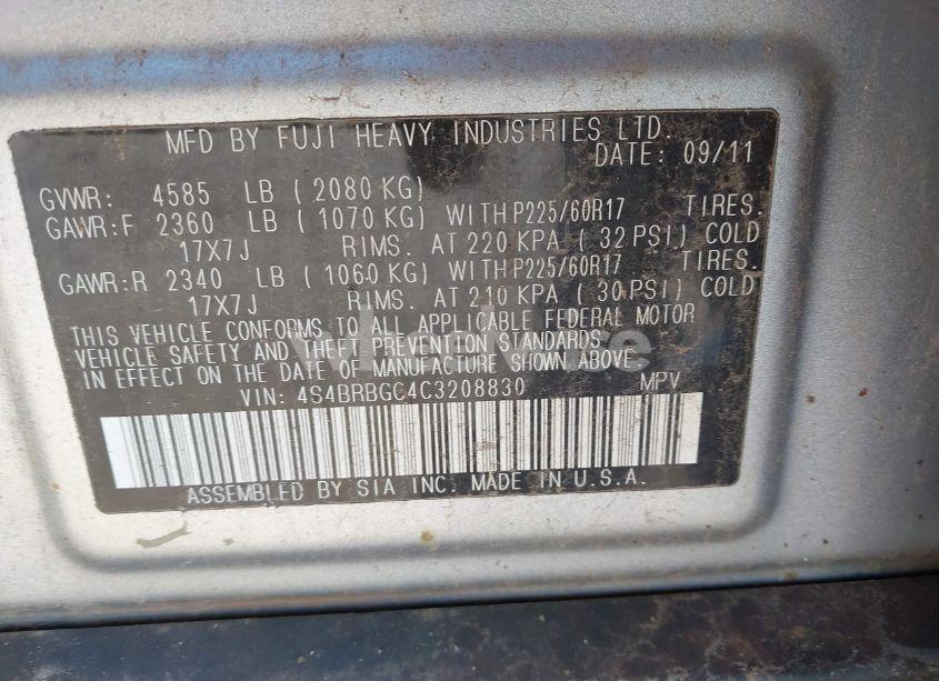 Photo 9 of 2012 Subaru Outback 2.5I PREMIUM (VIN 4S4BRBGC4C3208830)