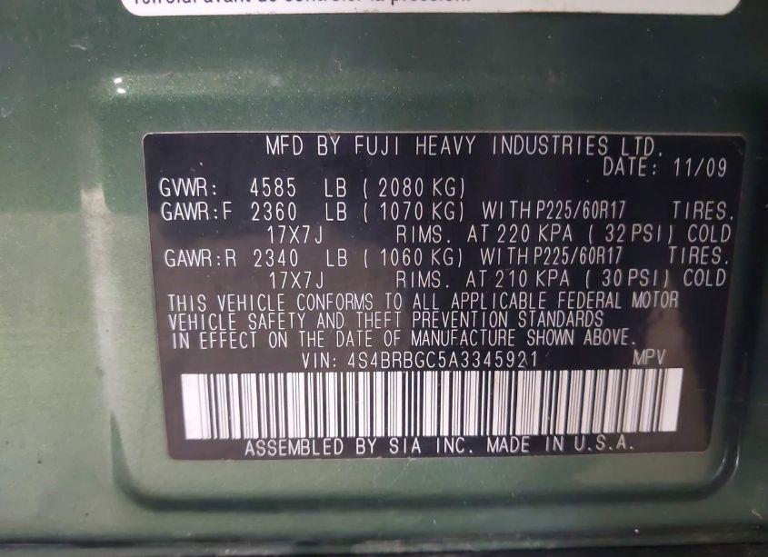 Photo 9 of 2010 Subaru Outback 2.5I PREMIUM (VIN 4S4BRBGC5A3345921)