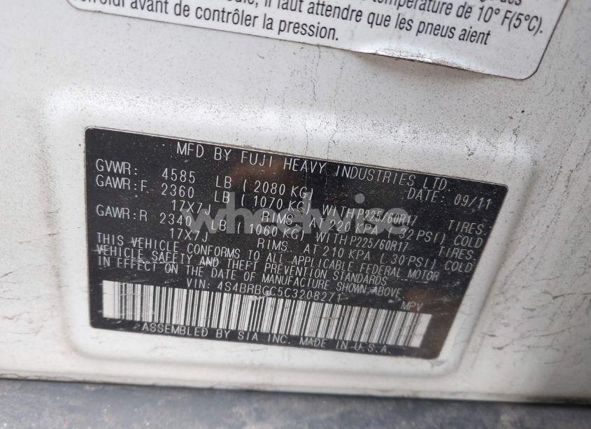 Photo 9 of 2012 Subaru Outback 2.5I PREMIUM (VIN 4S4BRBGC5C3208271)