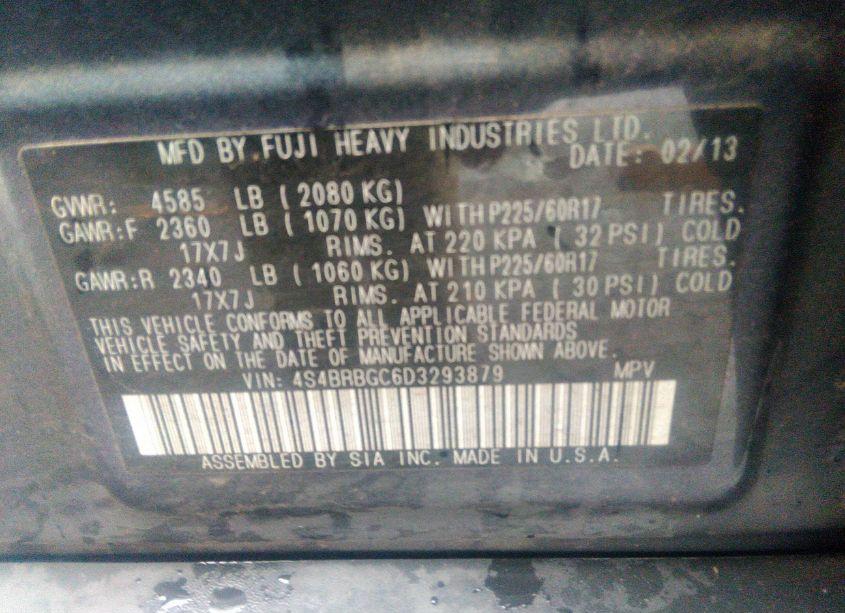 Photo 9 of 2013 Subaru Outback 2.5I PREMIUM (VIN 4S4BRBGC6D3293879)