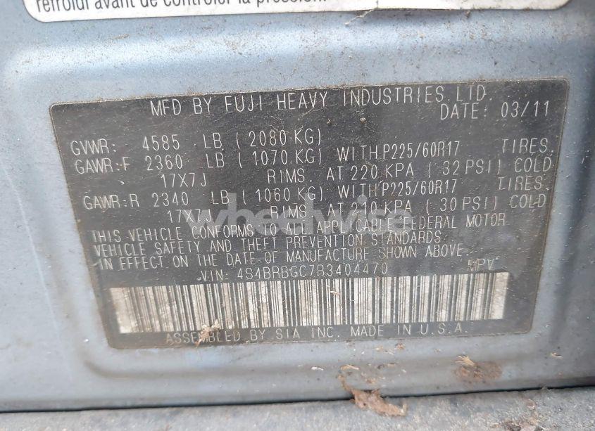 Photo 9 of 2011 Subaru Outback 2.5I PREMIUM (VIN 4S4BRBGC7B3404470)