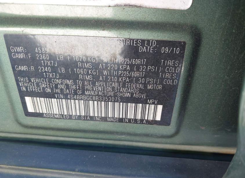 Photo 9 of 2011 Subaru Outback 2.5I PREMIUM (VIN 4S4BRBGC8B3353075)