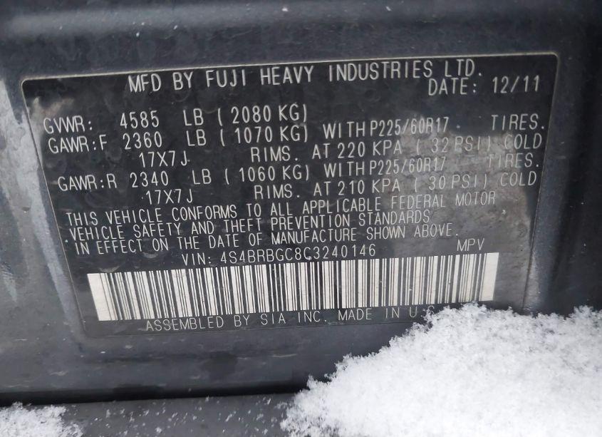 Photo 9 of 2012 Subaru Outback 2.5I PREMIUM (VIN 4S4BRBGC8C3240146)