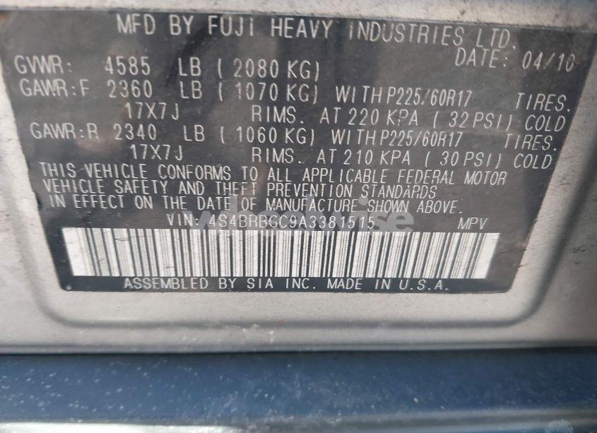 Photo 9 of 2010 Subaru Outback 2.5I PREMIUM (VIN 4S4BRBGC9A3381515)