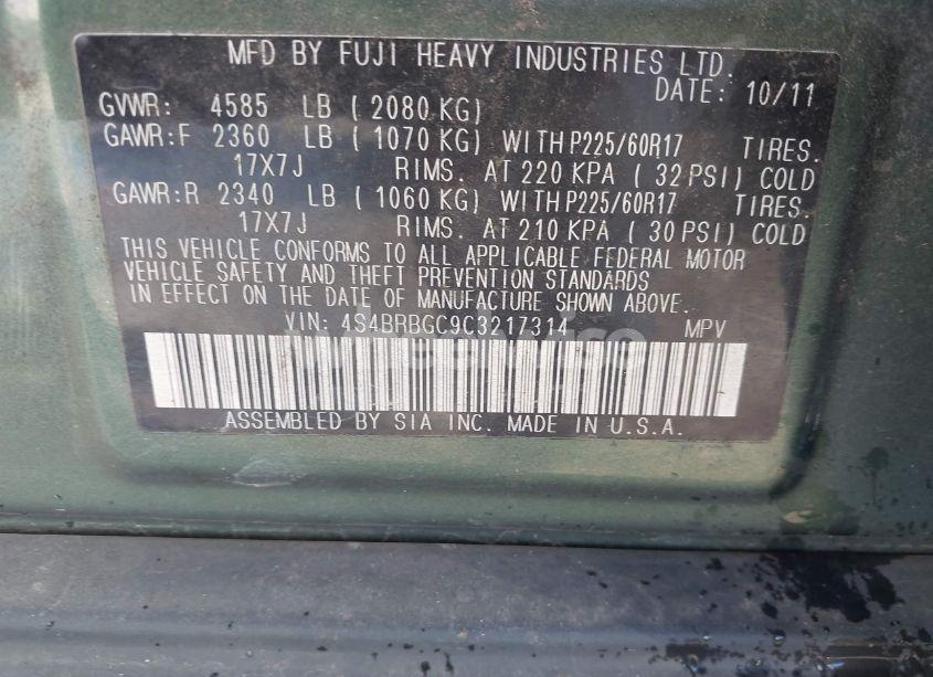 Photo 9 of 2012 Subaru Outback 2.5I PREMIUM (VIN 4S4BRBGC9C3217314)