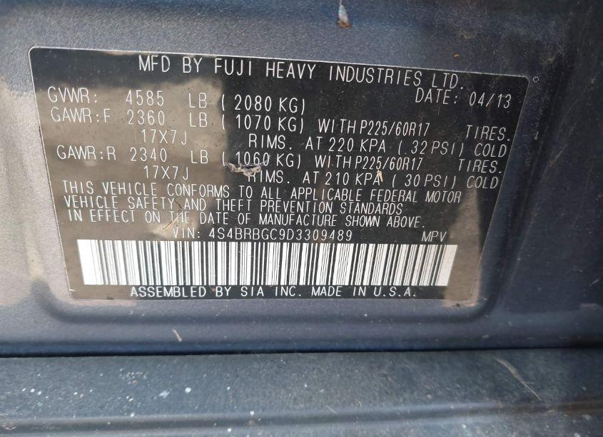 Photo 9 of 2013 Subaru Outback 2.5I PREMIUM (VIN 4S4BRBGC9D3309489)