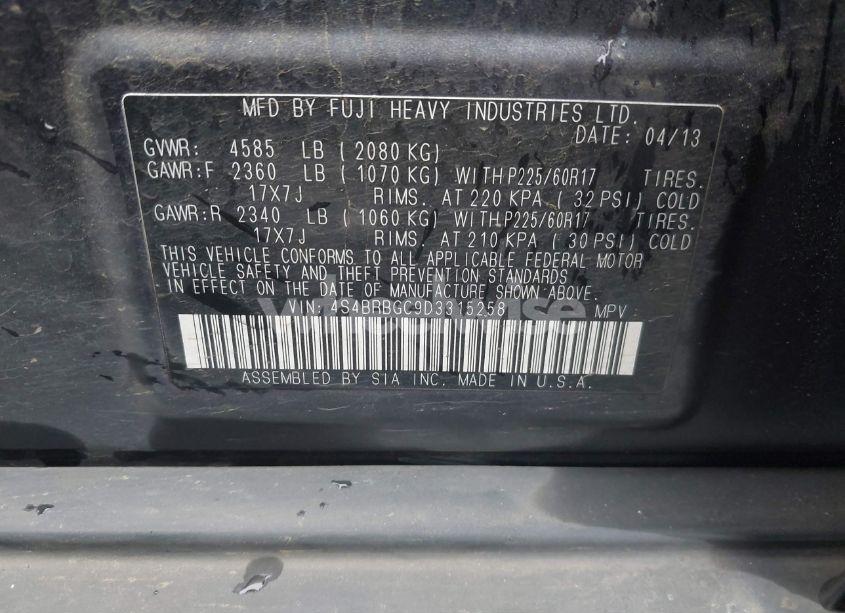 Photo 9 of 2013 Subaru Outback 2.5I PREMIUM (VIN 4S4BRBGC9D3315258)