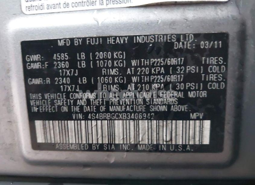 Photo 9 of 2011 Subaru Outback 2.5I PREMIUM (VIN 4S4BRBGCXB3406942)