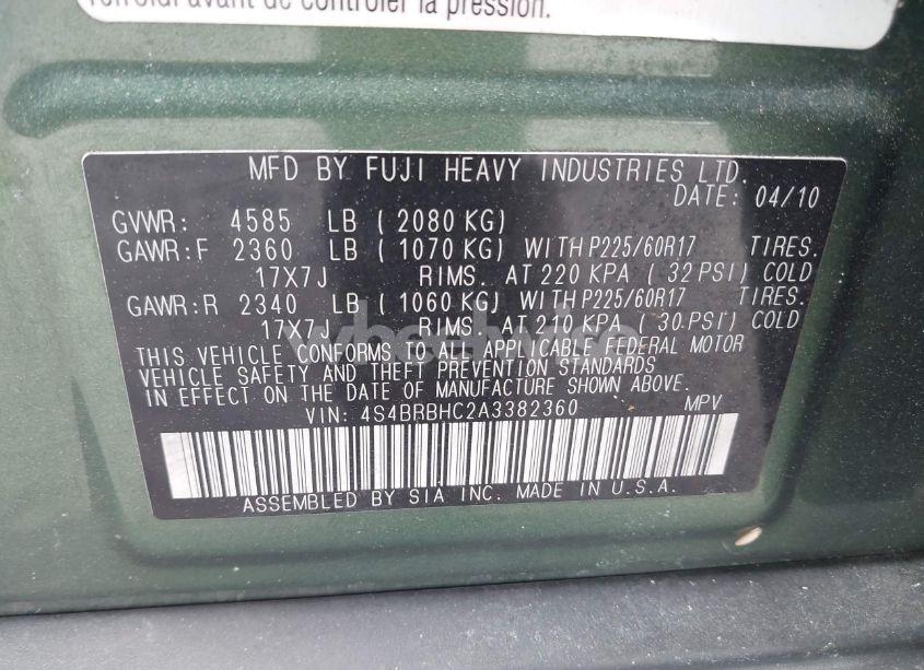 Photo 9 of 2010 Subaru Outback 2.5I PREMIUM (VIN 4S4BRBHC2A3382360)