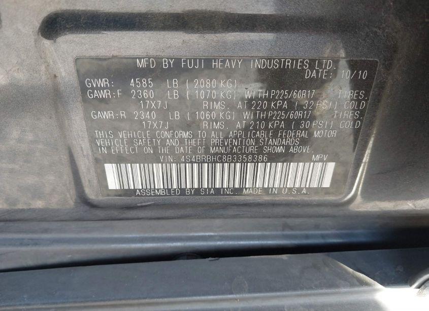 Photo 9 of 2011 Subaru Outback 2.5I PREMIUM (VIN 4S4BRBHC8B3358386)