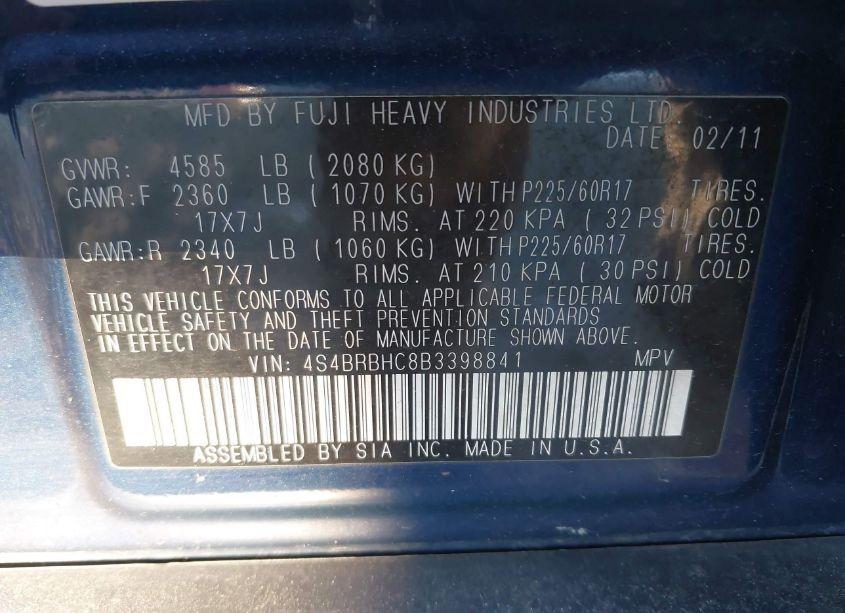 Photo 9 of 2011 Subaru Outback 2.5I PREMIUM (VIN 4S4BRBHC8B3398841)