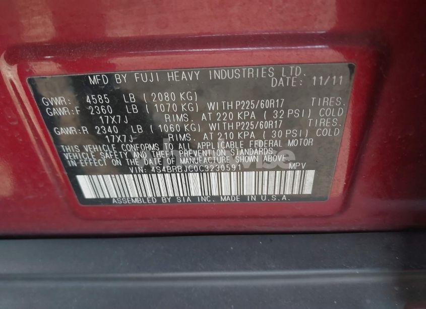 Photo 9 of 2012 Subaru Outback 2.5I LIMITED (VIN 4S4BRBJC0C3230591)