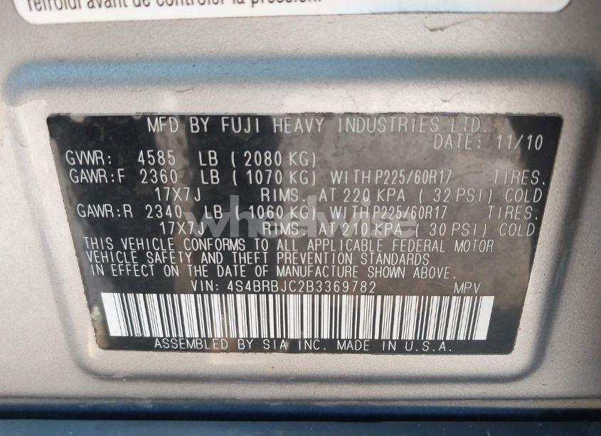 Photo 9 of 2011 Subaru Outback 2.5I LIMITED (VIN 4S4BRBJC2B3369782)