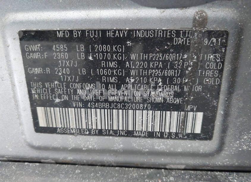 Photo 9 of 2012 Subaru Outback 2.5I LIMITED (VIN 4S4BRBJC8C3200870)