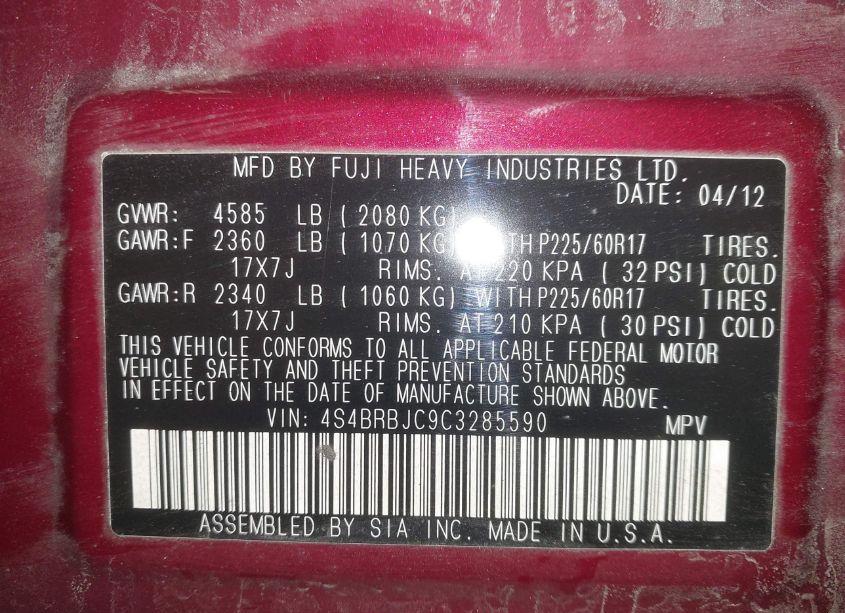 Photo 9 of 2012 Subaru Outback 2.5I LIMITED (VIN 4S4BRBJC9C3285590)