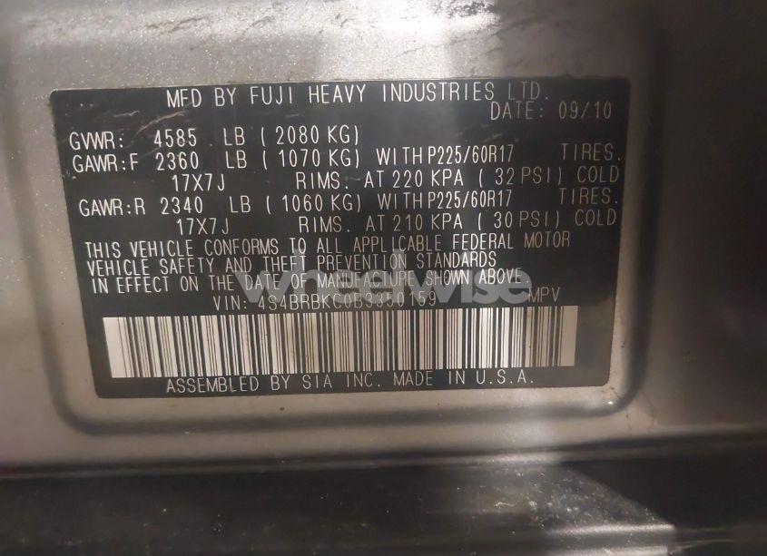 Photo 9 of 2011 Subaru Outback 2.5I LIMITED (VIN 4S4BRBKC0B3350159)