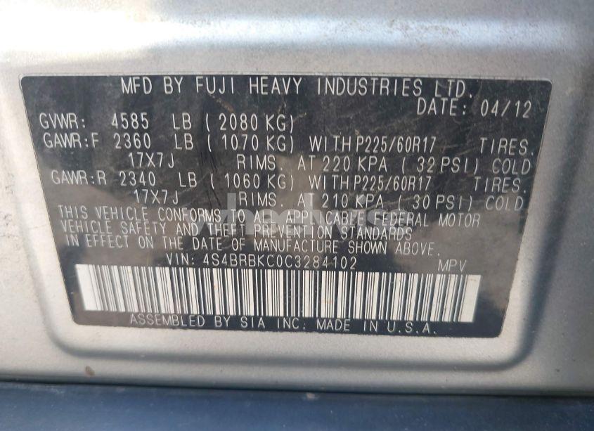 Photo 9 of 2012 Subaru Outback 2.5I LIMITED (VIN 4S4BRBKC0C3284102)