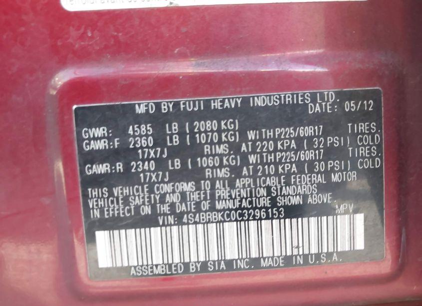 Photo 9 of 2012 Subaru Outback 2.5I LIMITED (VIN 4S4BRBKC0C3296153)