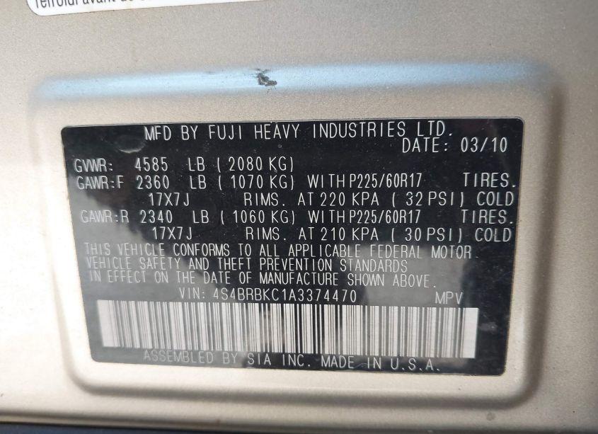 Photo 9 of 2010 Subaru Outback 2.5I LIMITED (VIN 4S4BRBKC1A3374470)