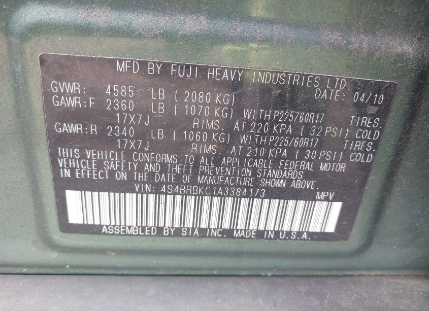 Photo 9 of 2010 Subaru Outback 2.5I LIMITED (VIN 4S4BRBKC1A3384173)